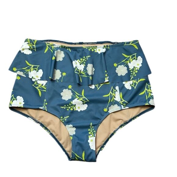 NWT Kortni Jeane Peplum Ruffle Floral High-Waisted Bikini Bottom Blue Medium - Picture 1 of 8